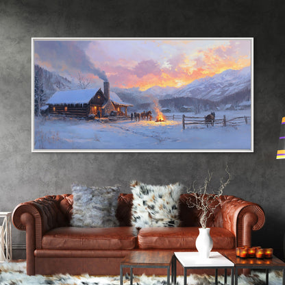 Cozy Snowy Log Cabin Tall Art Framed Canvas Print Winter Home Decor With Warm Fireplace And Horse Rider Under A Beautiful Sunset Scene