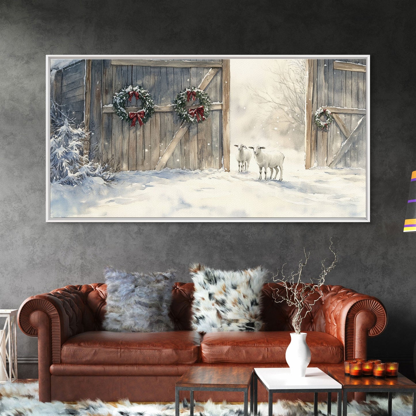 Christmas decor farmhouse Framed Canvas Print snowy barn Christmas scene holiday wall art best gift Christmas decor Christmas tree art 2024