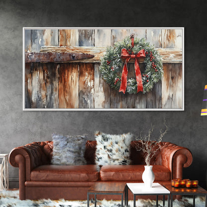 Rustic Wreath Red Ribbon Canvas Print Christmas Door Decor Farmhouse Christmas Wall Art Framed Canvas Print Christmas Outdoor Decor