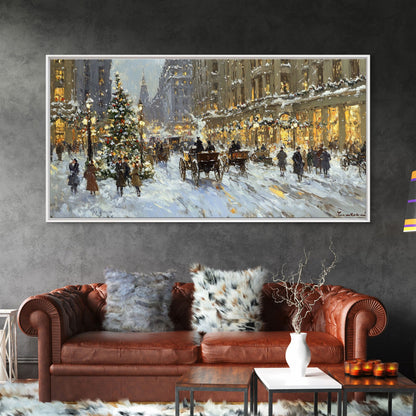 Bustling Christmas Street Scene Tall Art Framed Canvas Print Vintage Winter Holiday Scene With Horse-Drawn Carriages And Festive Lights