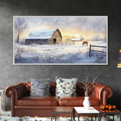 Rustic Barn in Winter Wonderland, Framed Canvas Print, Farmhouse Christmas Art, Christmas Wall Decor, Holiday Seasonal Wall Art, Gift Idea