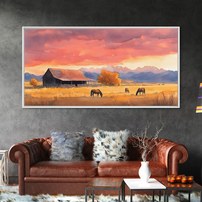 Rustic Mountain Barn Sunset Canvas Print | Autumn Farmhouse Wall Art | Fall Home Decor | Holiday Art Gift | Framed Canvas Print Wall Decor