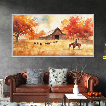 Cowboy on horse in autumn farm scene, framed canvas print, rustic fall decor, farmhouse home decor, cozy autumn landscape art, fall wall art