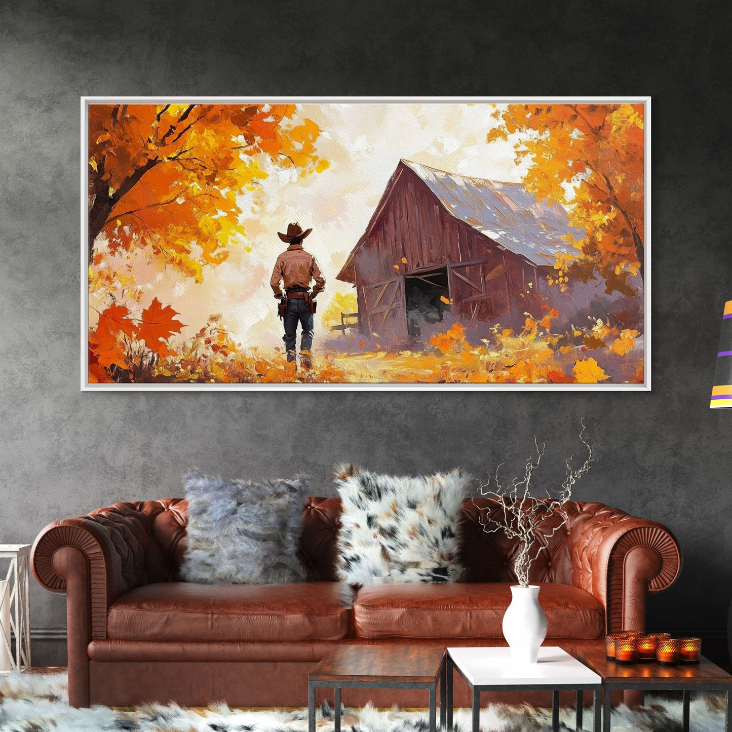 Cowboy and His Barn, Framed Canvas Print, Landscape Art Christmas Cowboy Holiday Art Wall Decor Seasonal