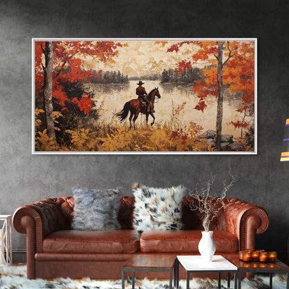 Cowboy on mountainside with red autumn leaves rugged cliffs, Framed Canvas Print, fall landscape wall art, western decor with warm colors