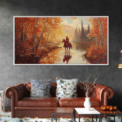 Black white cowboy riding toward snow-covered mountains, Framed Canvas Print, minimalist winter wall art, moody landscape, western decor