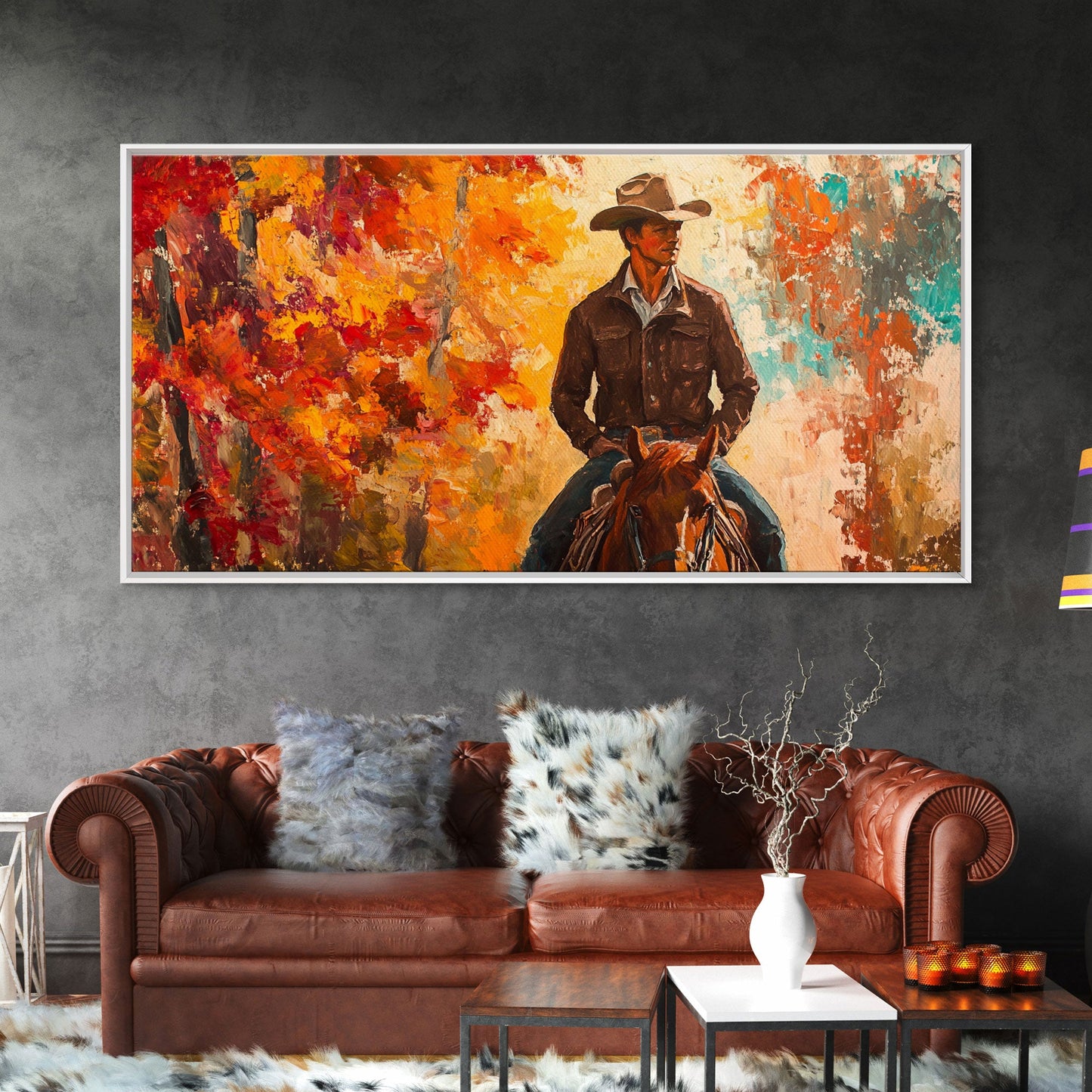 Cowboy Riding Through The Autumn Trees, Framed Canvas Print, Rustic Farmhouse Wall Art, Boho Style Seasonal Watercolor Painting