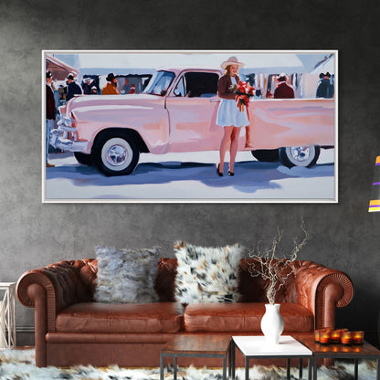 Cute Cowgirl and Her Pink Truck, Framed Canvas Print, Retro Pink Fall Decor, Wall Art Fall Home Decor, Ideal Gift Idea Rustic Seasonal Decor