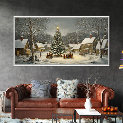 Large Christmas Tree In Snowy Village With Families, Winter Wonderland Holiday Wall Art, Framed Canvas Print, Rustic Christmas Decor