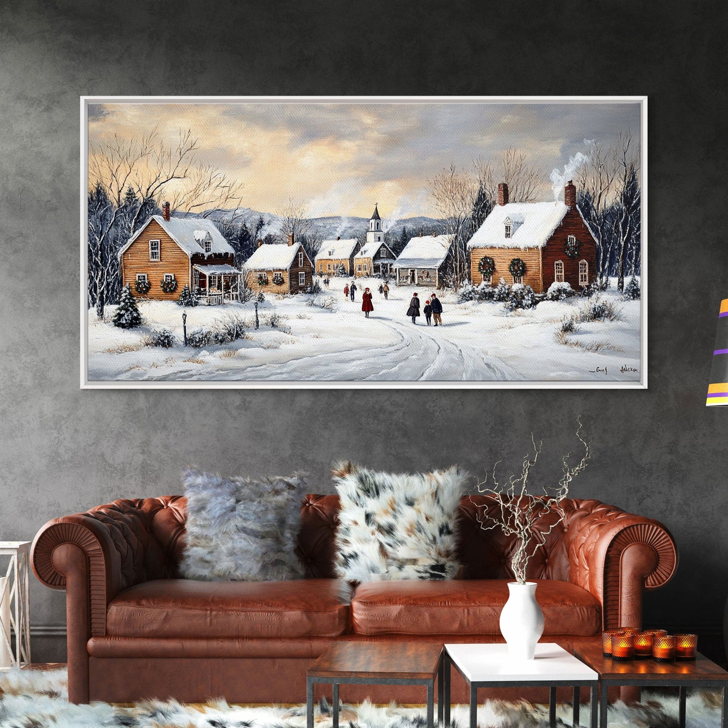 Snowy Village Church Scene, Rustic Christmas Landscape Wall Art, Winter Wonderland Framed Canvas Print, Country Holiday Home Decor