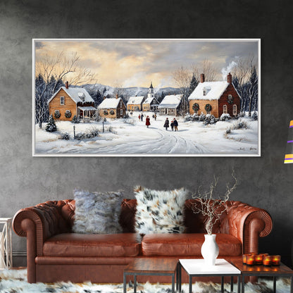 Snowy Village Church Scene, Rustic Christmas Landscape Wall Art, Winter Wonderland Framed Canvas Print, Country Holiday Home Decor
