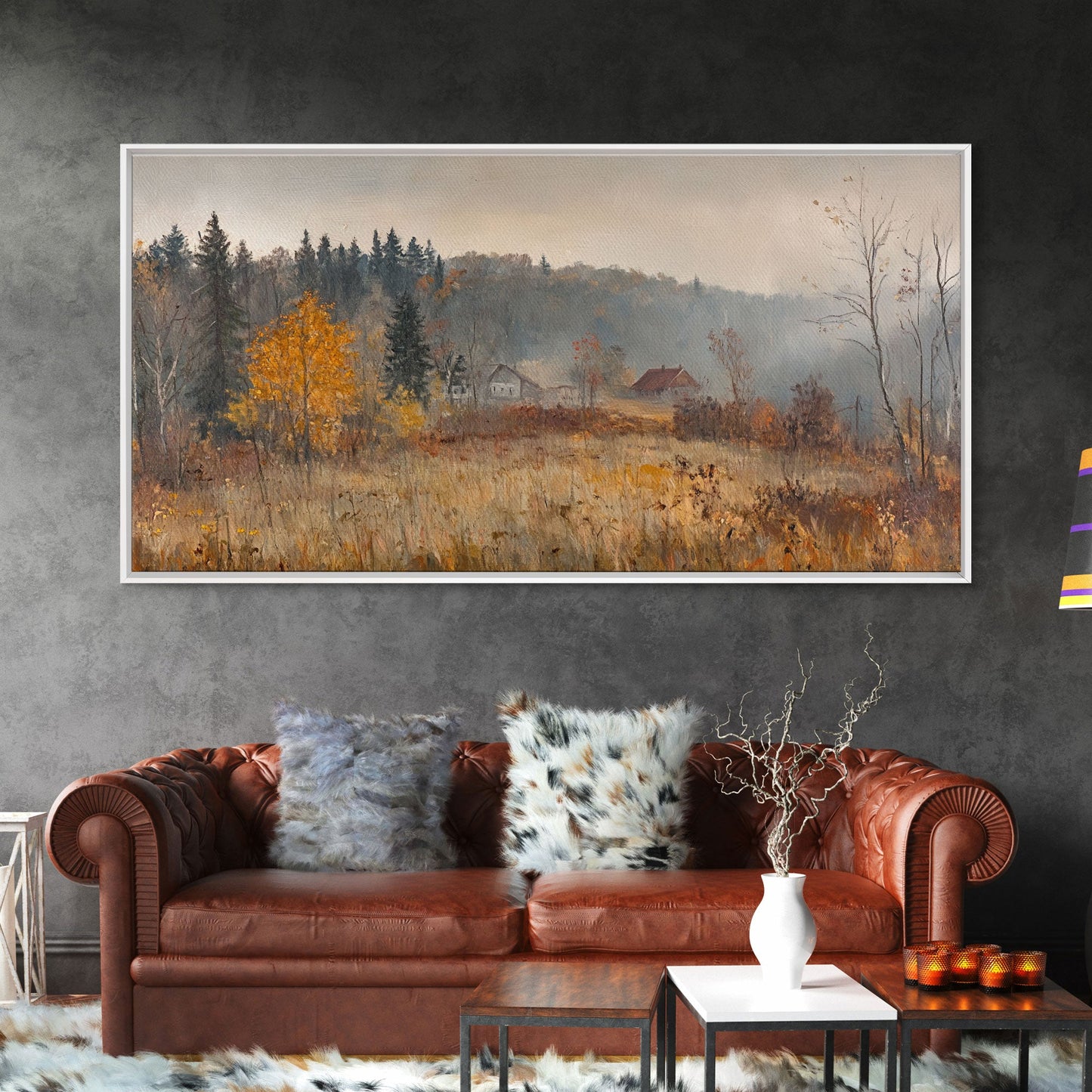 Early American Style Landscape Painting, Framed Canvas Print, Christmas Holiday Wall Art for Seasonal Winter Decor