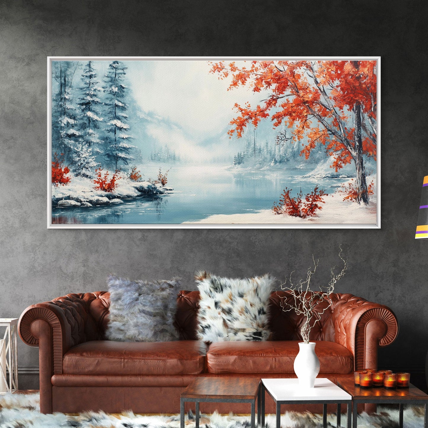 Painting Of A Forest In Winter, Framed Canvas Print with Wreaths, Perfect Christmas Holiday Decor, Ideal Winter Wall Art Gift