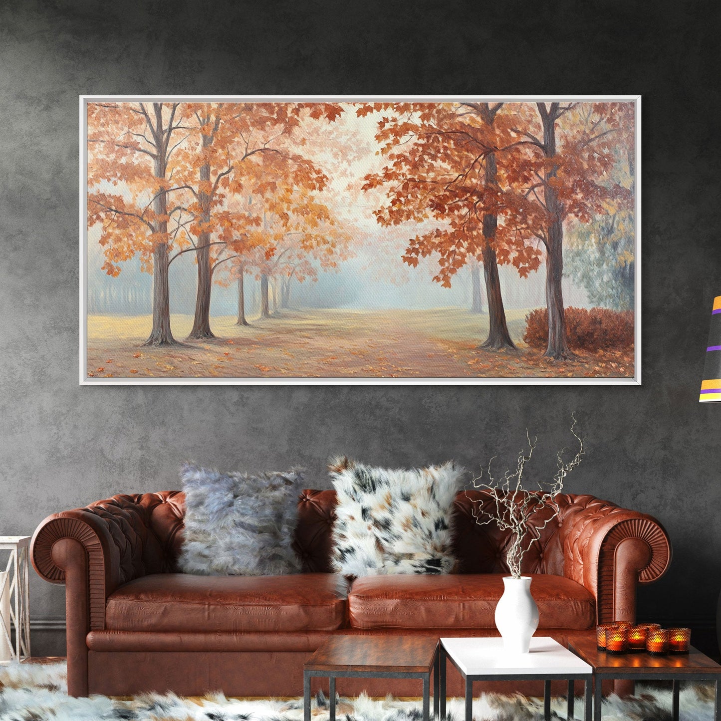 Elegant Christmas party with guests in formal attire by a Christmas tree Framed Canvas Print, holiday wall art for classy Christmas decor