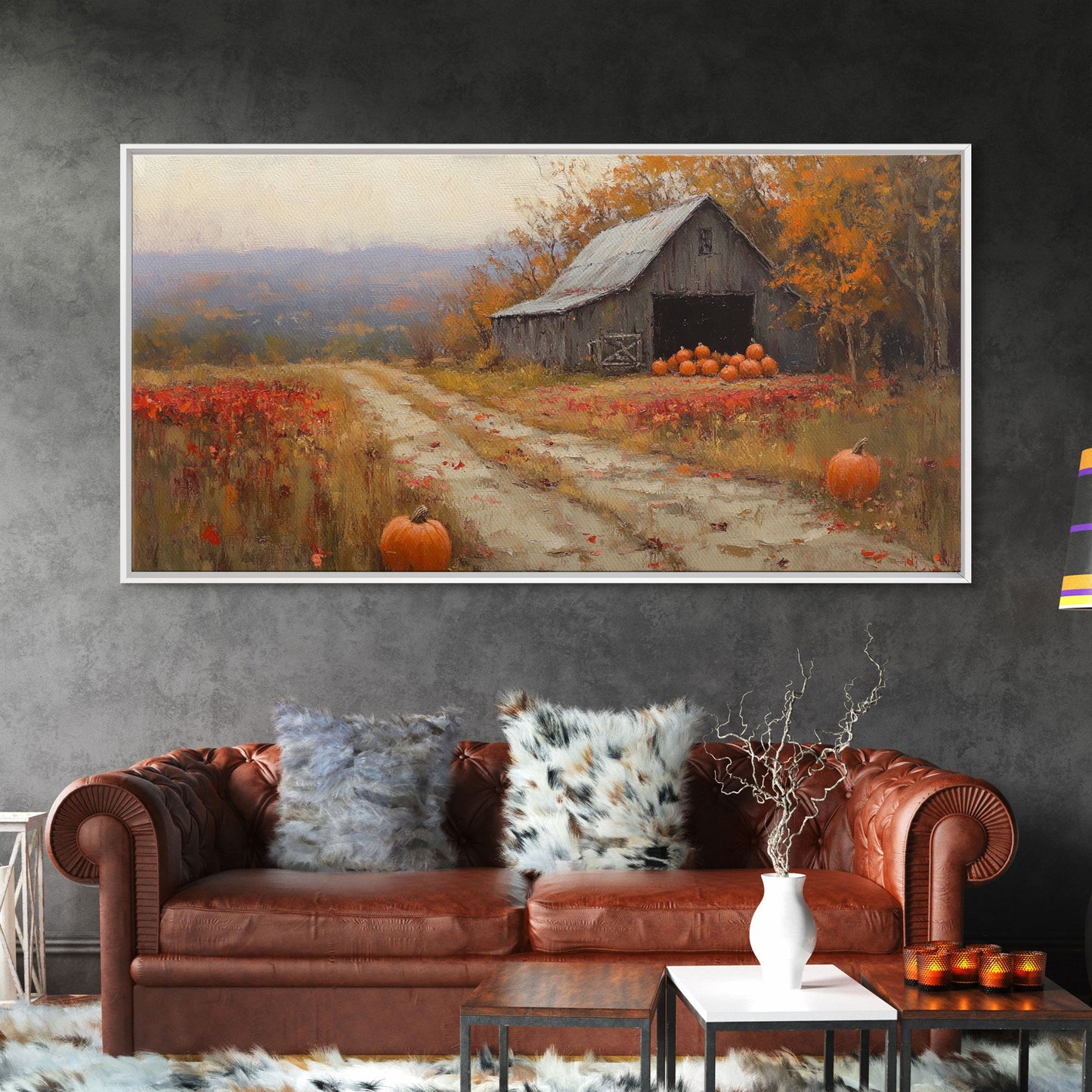 Scenic Country Farmhouse Autumn Harvest Framed Canvas Print with Pumpkins, Rustic Farmhouse Fall Art, Wall Decor, Seasonal Wall Art Gift