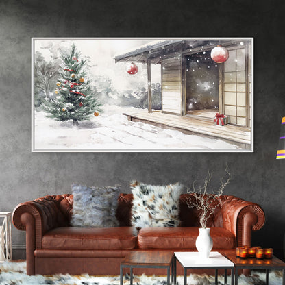 Minimalist Japanese Christmas Scene Framed Canvas Print, Snowy Holiday Decor with Simple Tree and Lantern Perfect Holiday Art