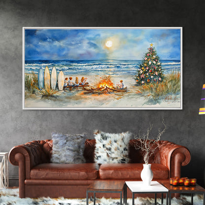 Christmas bonfire on the beach with surfboards and decorated tree, framed canvas print ideal tropical holiday wall art decor