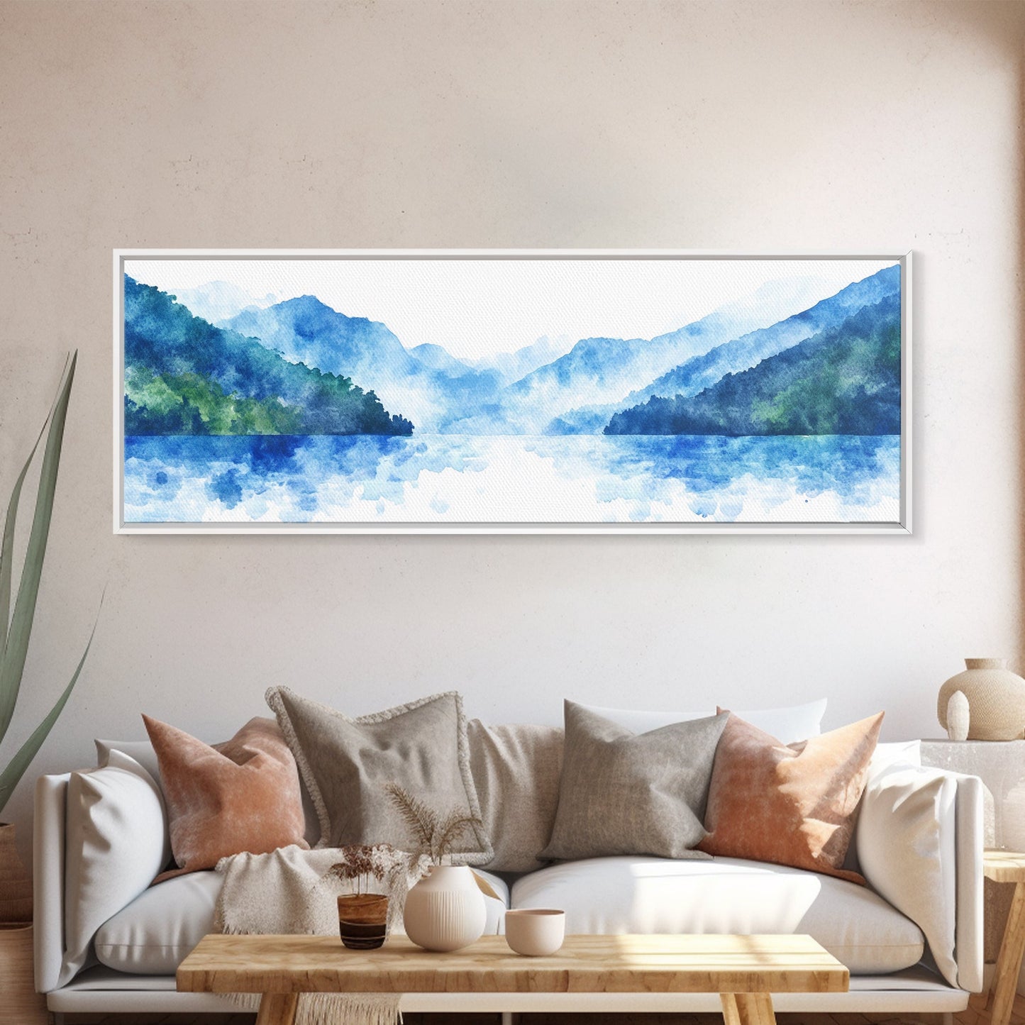 Reflections - Foggy Mountain Morning - Watercolor Painting Print - Wood Framed Wall Art - Panoramic Painting