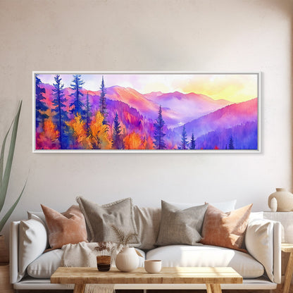 Purple Mountain Painting Framed Print, Canvas Art, Panoramic Extra Wide Wall Art