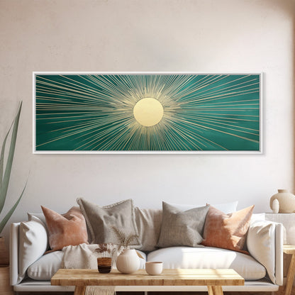 Emerald Green Sun Burst Wall Art, Art Deco Retro Vibes, Eclectic Home Decor, Emerand Green and Gold Horizontal Framed Canvas