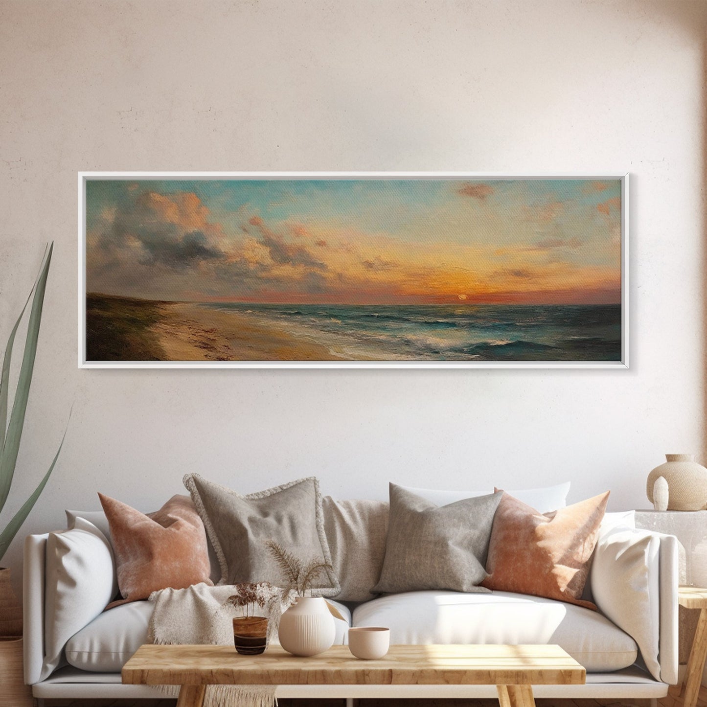 Muted Beach Framed Oil Painting Canvas Print, Minimalist Coastal Decor, Seascape Painting, Long / Horizontal Beach Wall Art, Panoramic Art