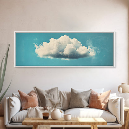 Framed Canvas Art, Sky Blue, Navy Blue Lonely Cloud Art, Minimalist Art Print, Panoramic Extra Wide Horizontal Art, Lonely Cloud