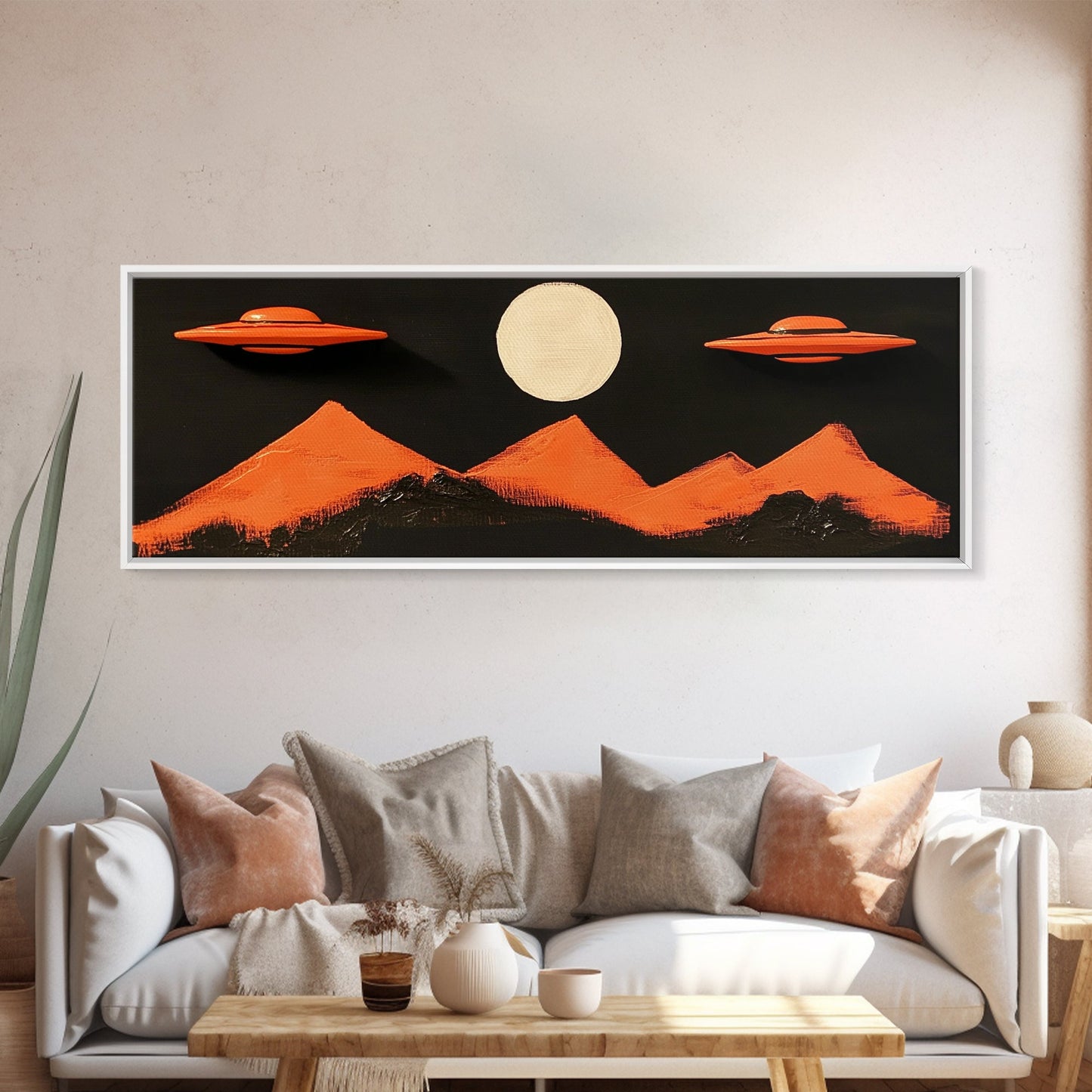 Orange Flying Saucers - UFO Art - Panoramic Print - Cute Alien Art - Nursery Decor