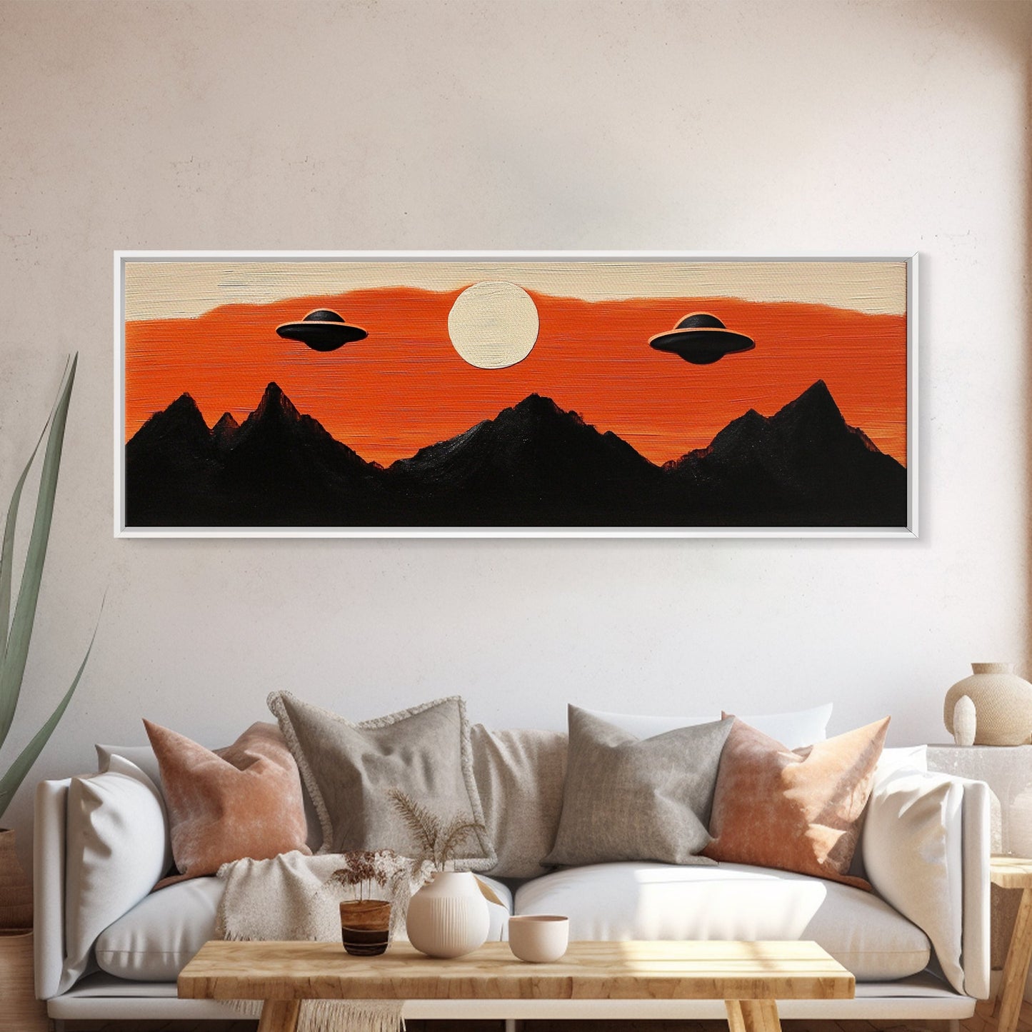 Fun Nursery Decor - Boy's Room Wall Art - Panoramic Flying Saucers or UFOs Art Print - Framed Canvas