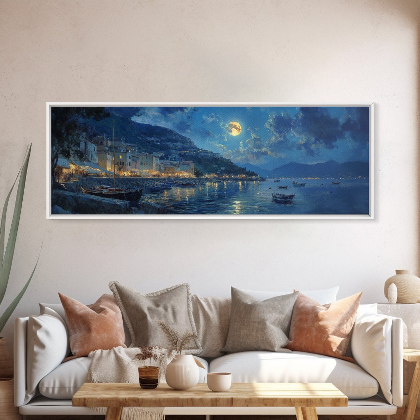 Horizontal Oil Painting Print - Italy At Night - Portofino Wall Art - Horizontal Panoramic Print - Full Moon Painting