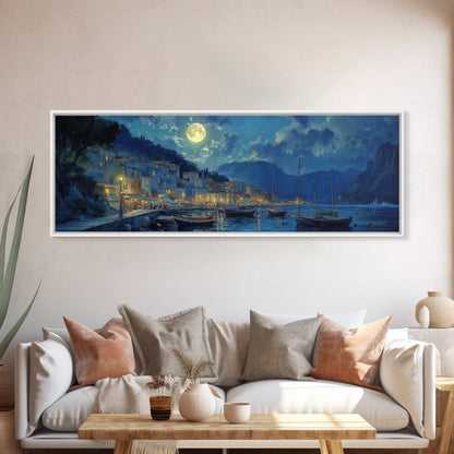 Midnight in Portofino - Full Moon - Italian Oil Painting Canvas Print - Whimsical / Eclectic Landscape Painting - Minimalist Boho Home Decor