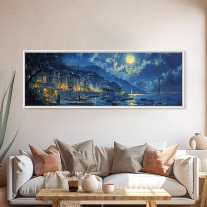Italian Fishing Village at Midnight Under a Full Moon, Framed Canvas Print, Panoramic Wall Art, Eclectic Boho Home Decor, Wide Oversized Wall Art