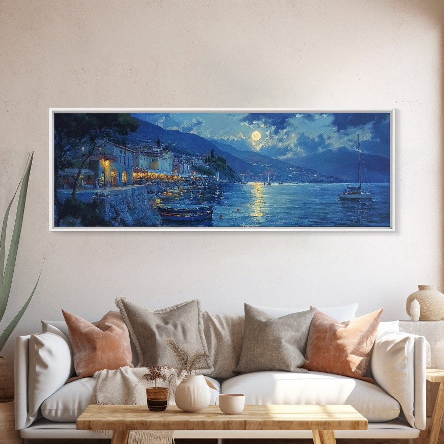 Fishing Village at Midnight Under a Full Moon, Framed Canvas Print, Panoramic Wall Art, Eclectic Boho Home Decor, Wide Oversized Wall Art