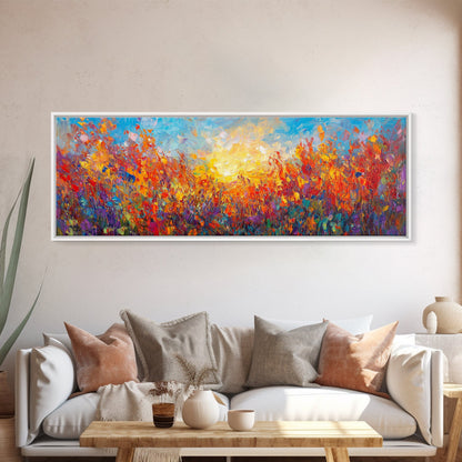 Original Wildflower Painting Print, Panoramic Extra Wide Wall Art, Floral Landscape Custom Rustic Home Decor, Sunset Through The Flowers