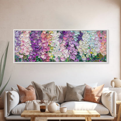 White, Pink and Purple Wild Flowers, Framed Canvas Print, Floral Oil Painting, Abstract Flower Painting, Panoramic Oversized Wall Art