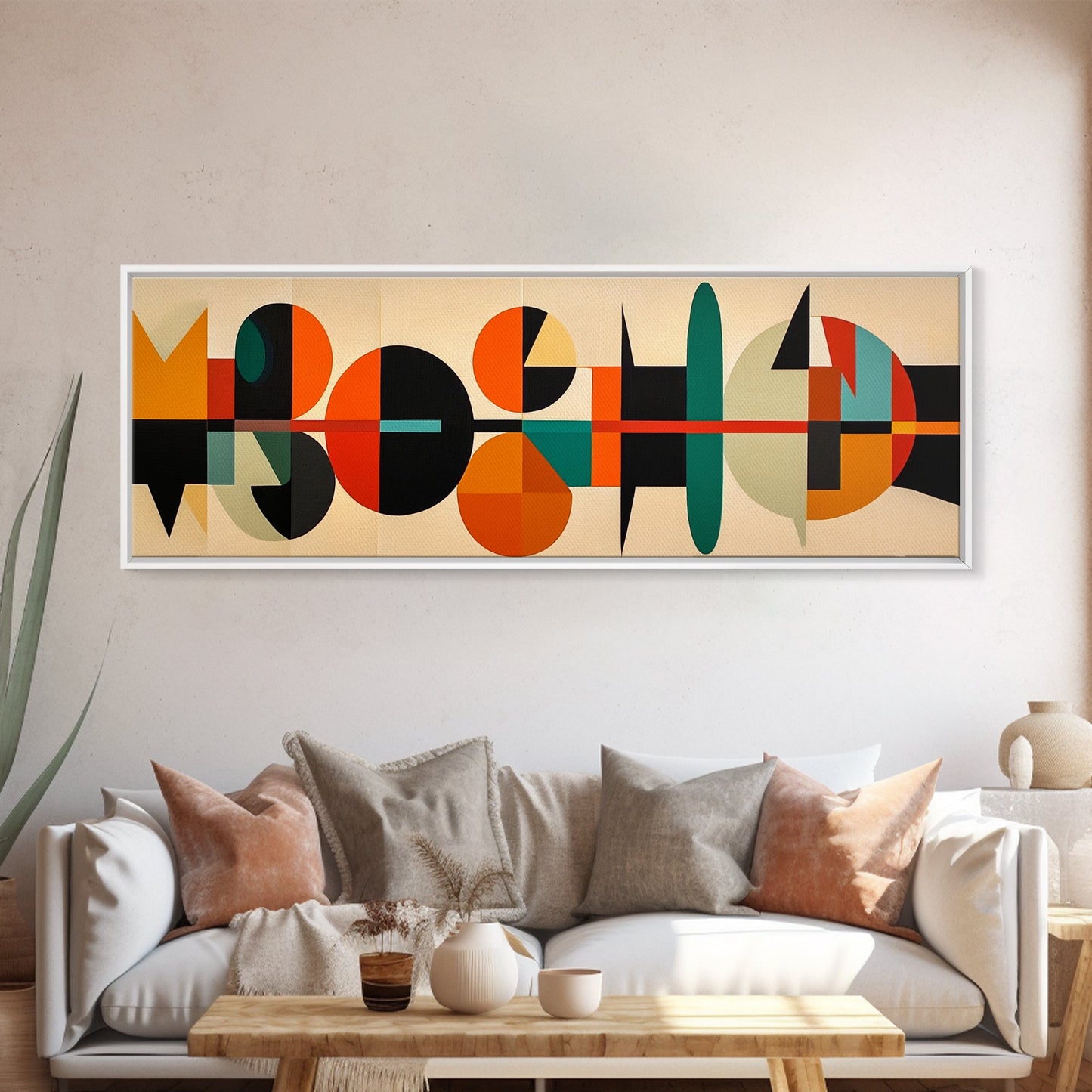 Mid-Century Modern Abstract Geometric Pattern Wall Art, Canvas Print, Wide Panoramic Wall Art For Living Room