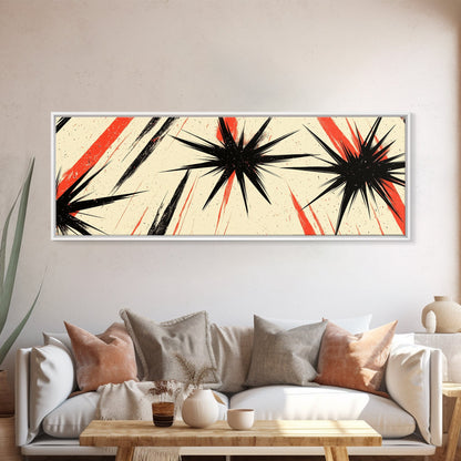 Flashes and Light - Framed Canvas Print - Mid-century Modern Rocket Age Inspired Wall Art - Black Stars with Red Streaks