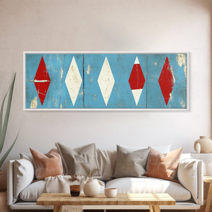 Red & White Diamonds - Framed Canvas Print - Rustic / Distressed MCM Mashup Home Decor - Turquoise Background