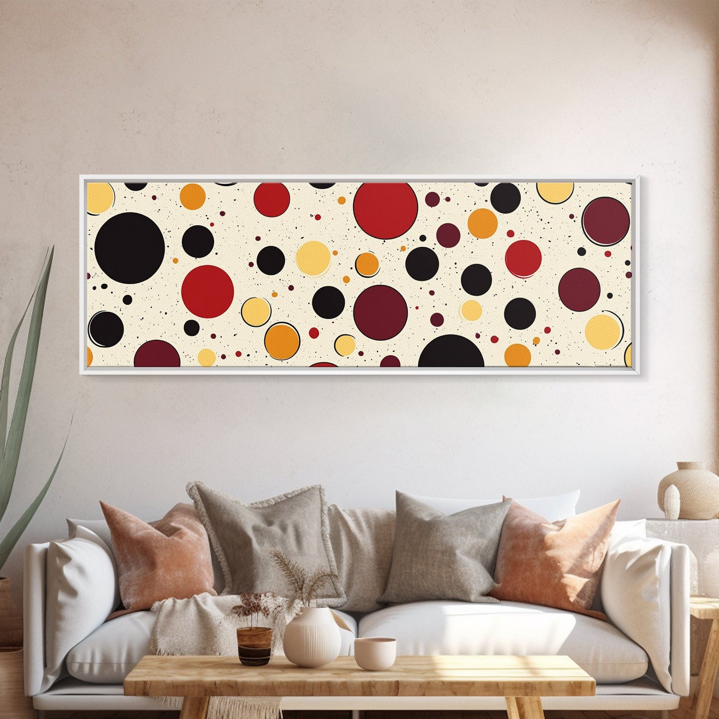 Polka Dots - Framed Canvas Print - MCM Inspired Midcentury-Modern Wall Art - Red, Yellow and Black Dots on a White Background
