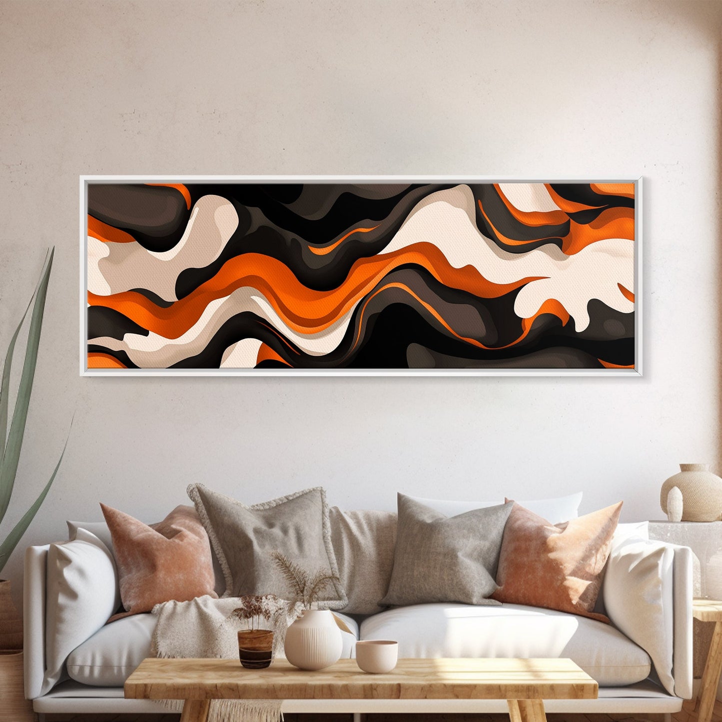 Retro Abstract Art, Framed Canvas Print, Orange, Black and White Wall Art, Oversized Extra Wide Wall Art
