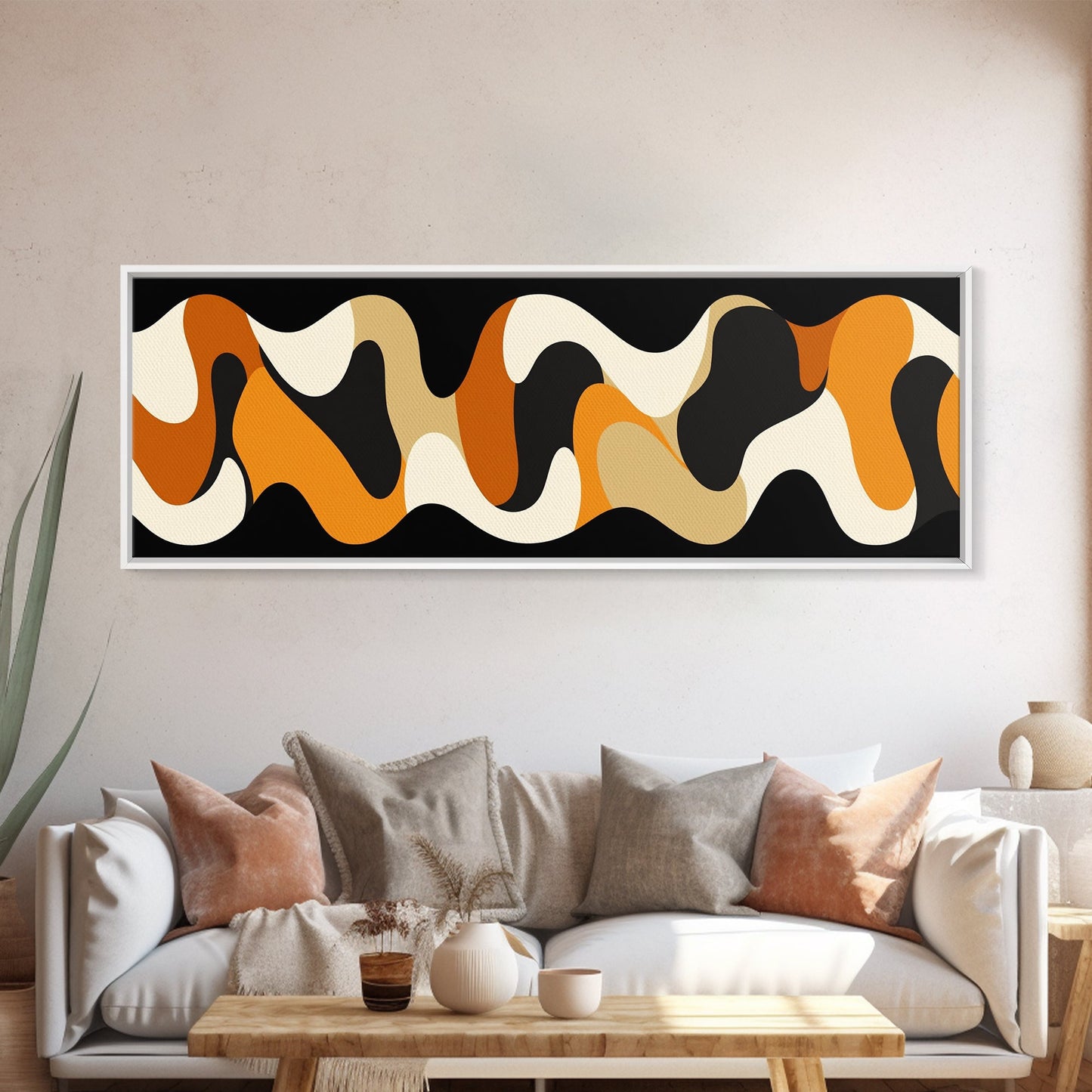 Amber Waves - Framed Canvas Print - Boho Abstract Wall Art - Modern Home Decor - MCM Style Black Background Wall Art