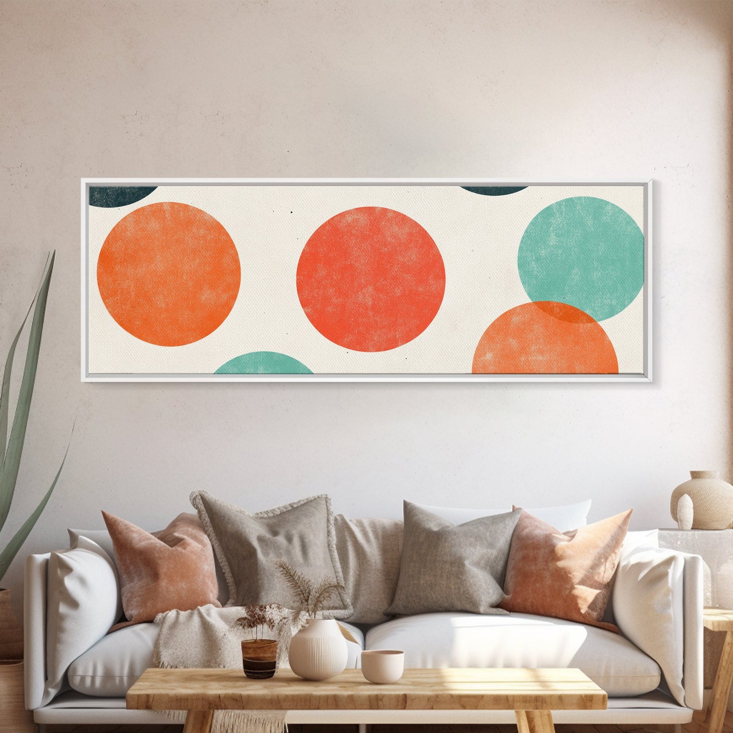 Orange and Green Wabi Sabi Wall Art, Framed Canvas Print, Abstract Wall Art, Minimalist / Neutral Circles Extra Wide Art