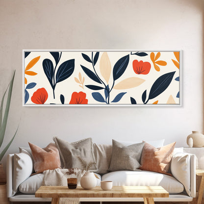 MCM Floral Print, Framed Canvas Art With Wood Frame, Over Sized Extra Wide Art For Above Sofa, Blue flowers on Black Background