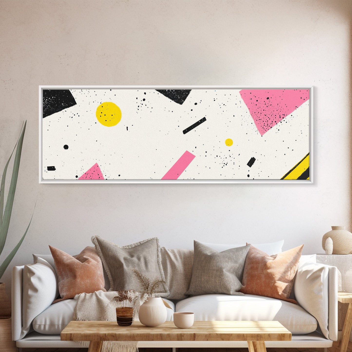 Retro Vaporwave Art, Pink Black and White Geomatric Abstract Art, Oversize Art For Large Living Room, Panoramic Painting