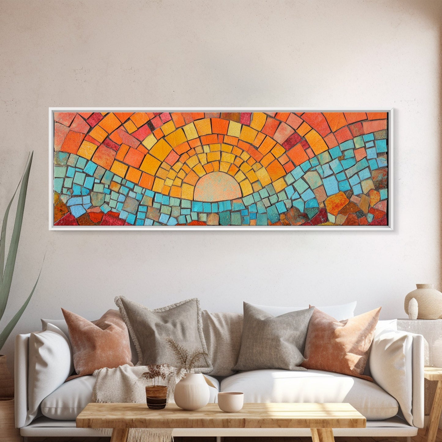 Panoramic Art Print - Sunset Mosaic Canvas Print - Wood Framed Wall Art - Horizontal Abstract Art - Large Wide Wall Art - Above Bed Decor Framed Canvas