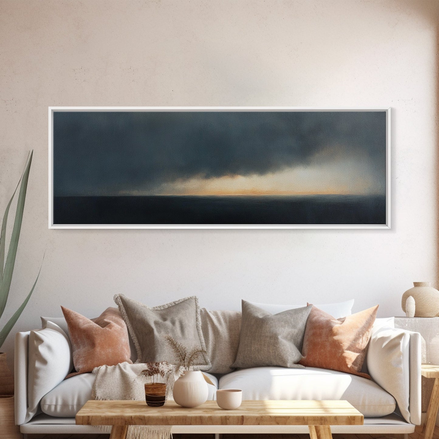 Storm On The Horizon - Panoramic Seascape Painting Print - Subdued Wall Art - Moody Decor - Boho Style Minimalist Landscape Painting