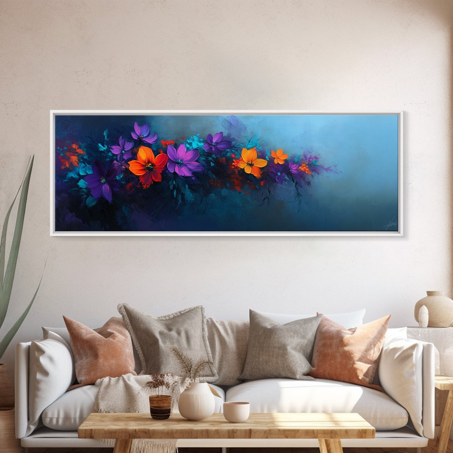 Purple and Orange Flowers on Navy Blue Background, Panoramic Framed Canvas Art, Oil Painting Print, Boho Style Wall Art, Dark Home Decor, Moody Art