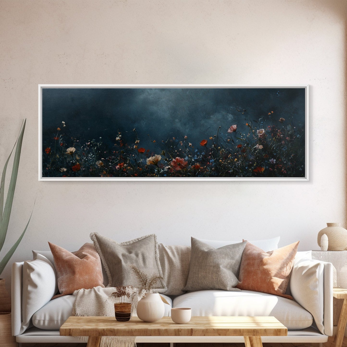 Dark & Moody Wild Flowers At Night, Framed Canvas Print, Panoramic Thought Provoking Wall Art, Above Bed Art, Dark Floral Painting