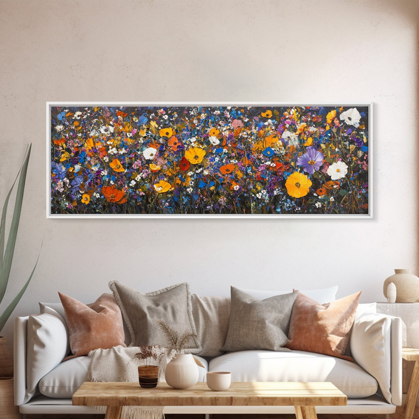 Field of Flowers - Floral Decor - Boho Farmhouse Wall Art Framed Canvas Print - Minimalist Decor - Cute Vibrant Wall Art