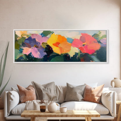 Abstract Flowers Panoramic Painting Print, Oil Painting Wood Framed Canvas Print, Boho Modern Art, Modern Farmhouse Decor