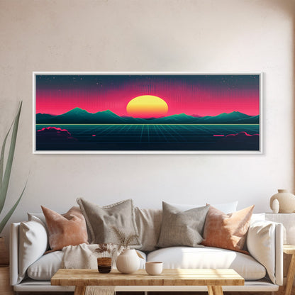 Synthwave Sunset Over The Mountains, Wireframe Art, Framed Canvas Print, Wire Frame Retro 1980s Style Wall Art
